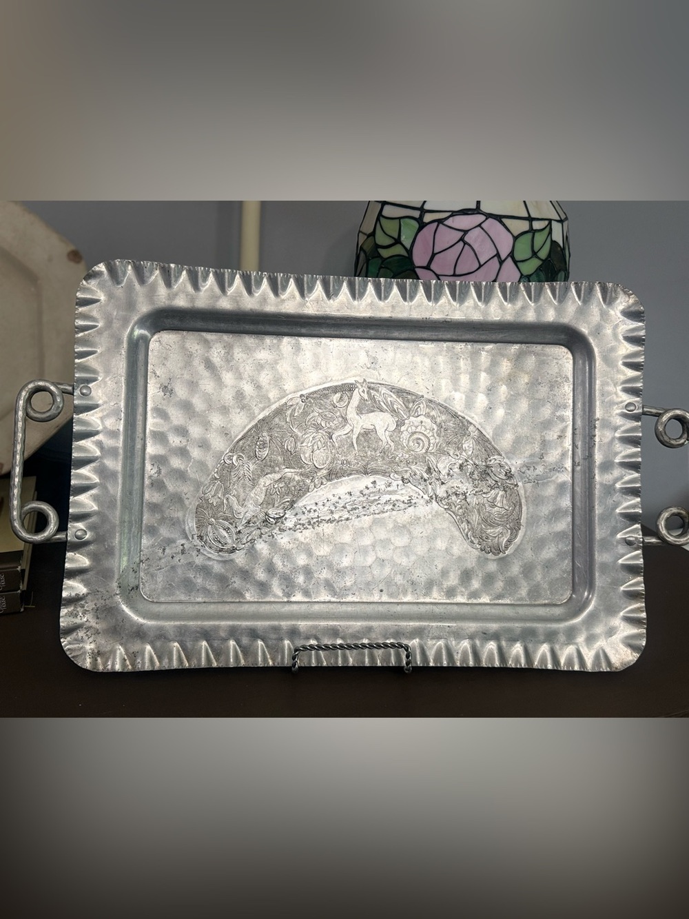 Vintage Cromwell Hand Wrought hammered aluminum serving tray with wildlife decor